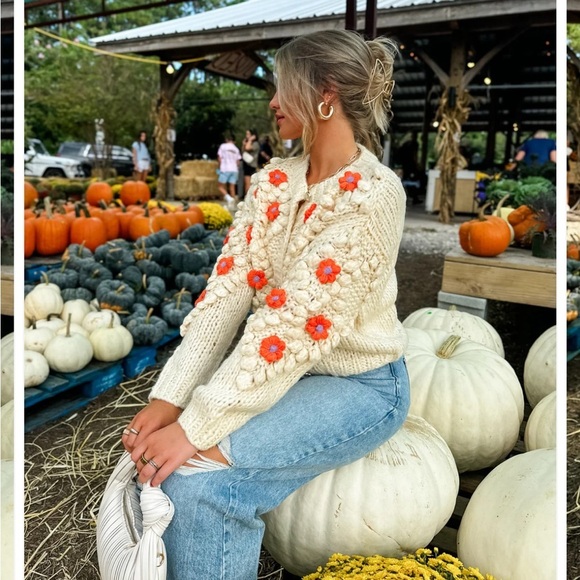 Beige orange floral embroidered chunky bubble sleeve cardigan bohemian sweater - Picture 6 of 6